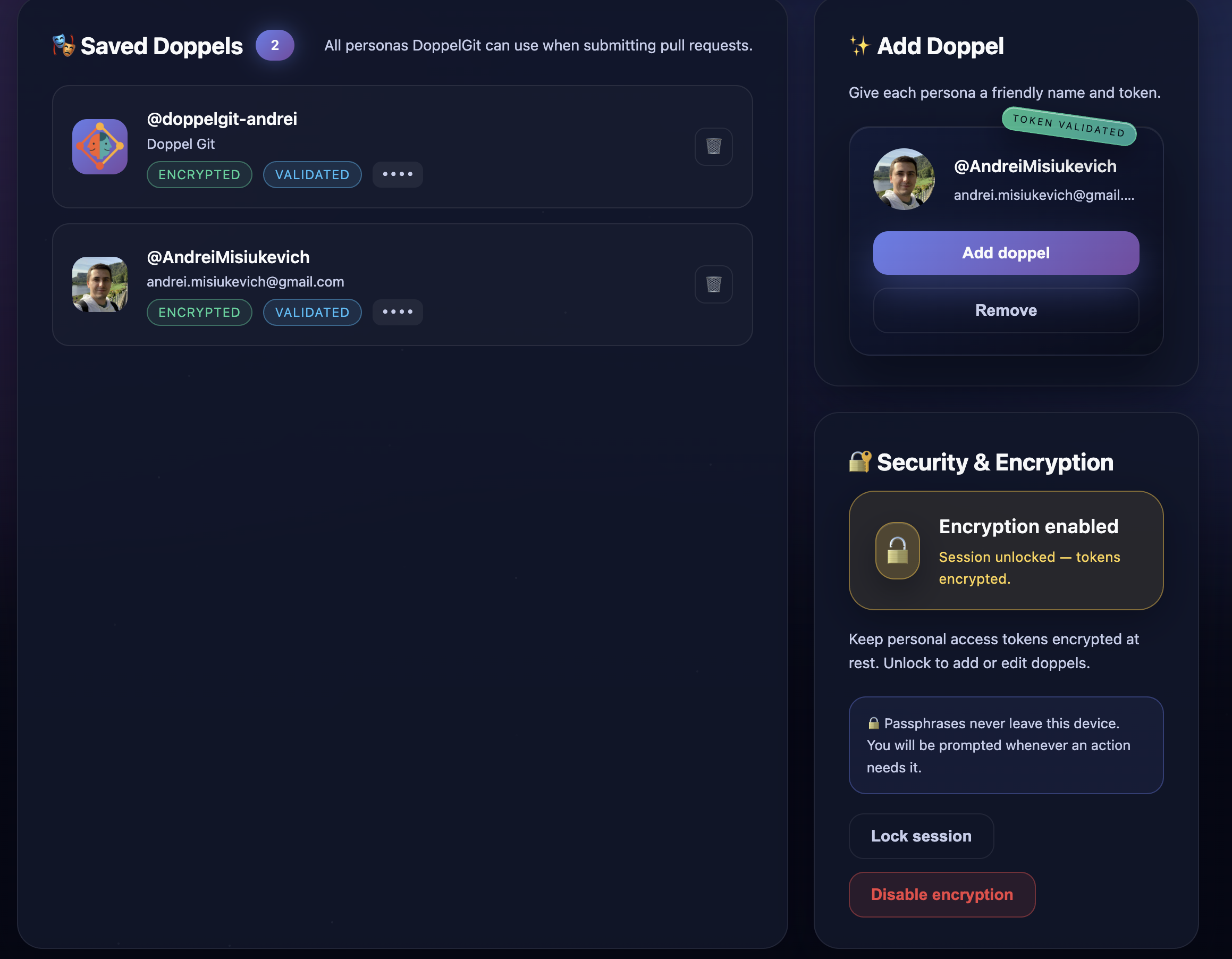 DoppelGit Options page showing Saved Doppels, Add Doppel form, and Security settings