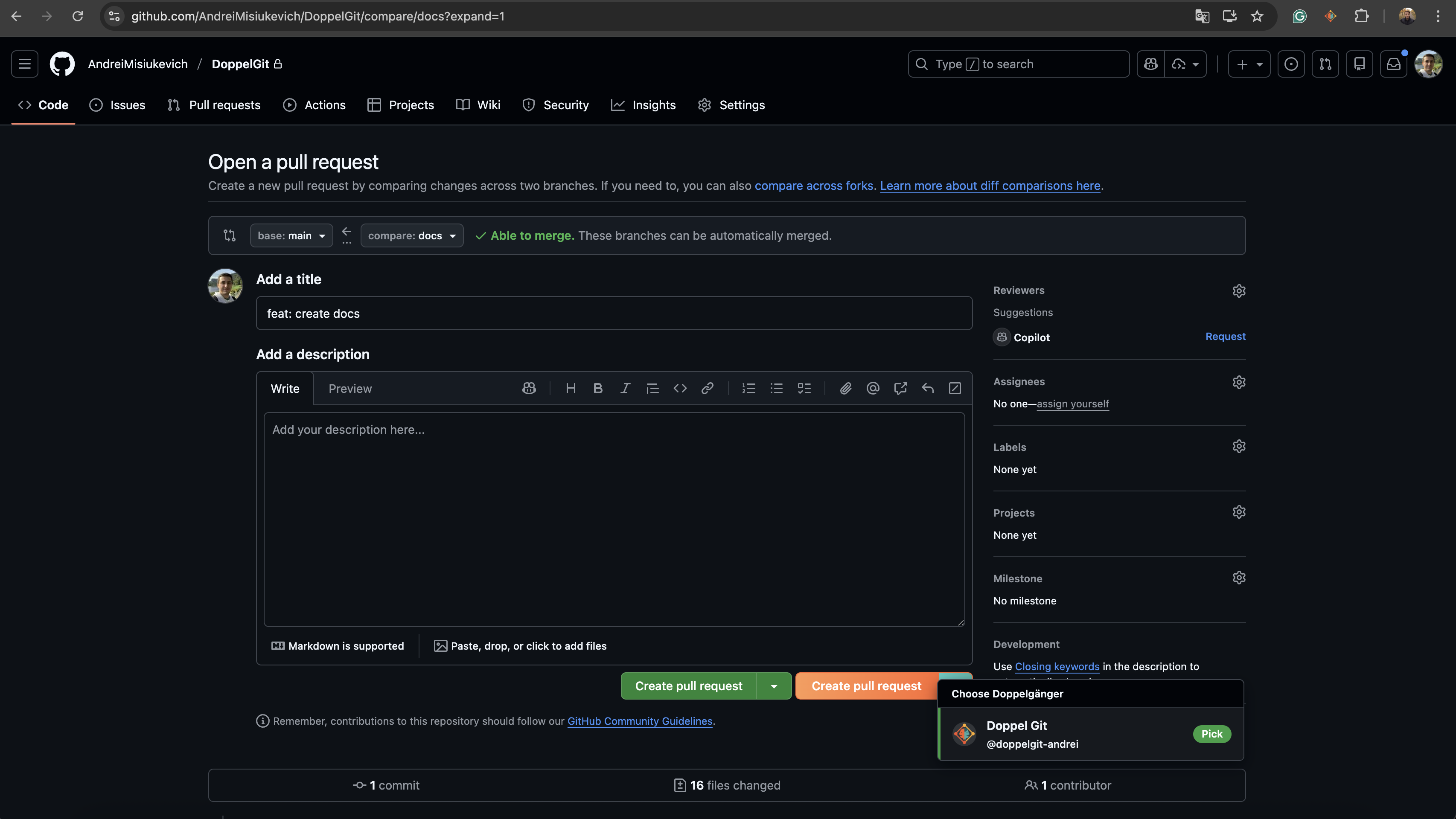 GitHub PR page with DoppelGit dropdown showing Choose Doppelgänger option